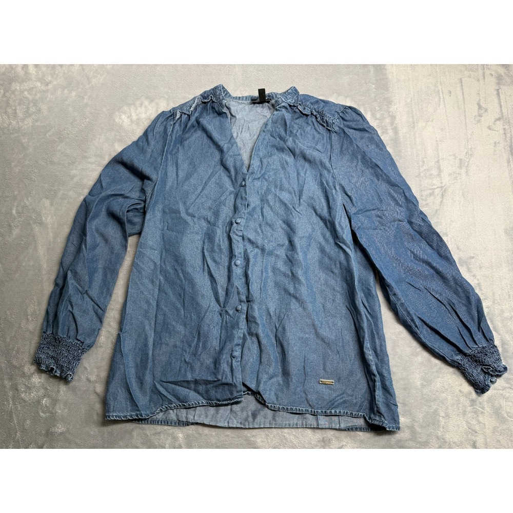 Jones New York Signature Shirt Womens Medium Blue Button Up V Neck Raglan Sleeve